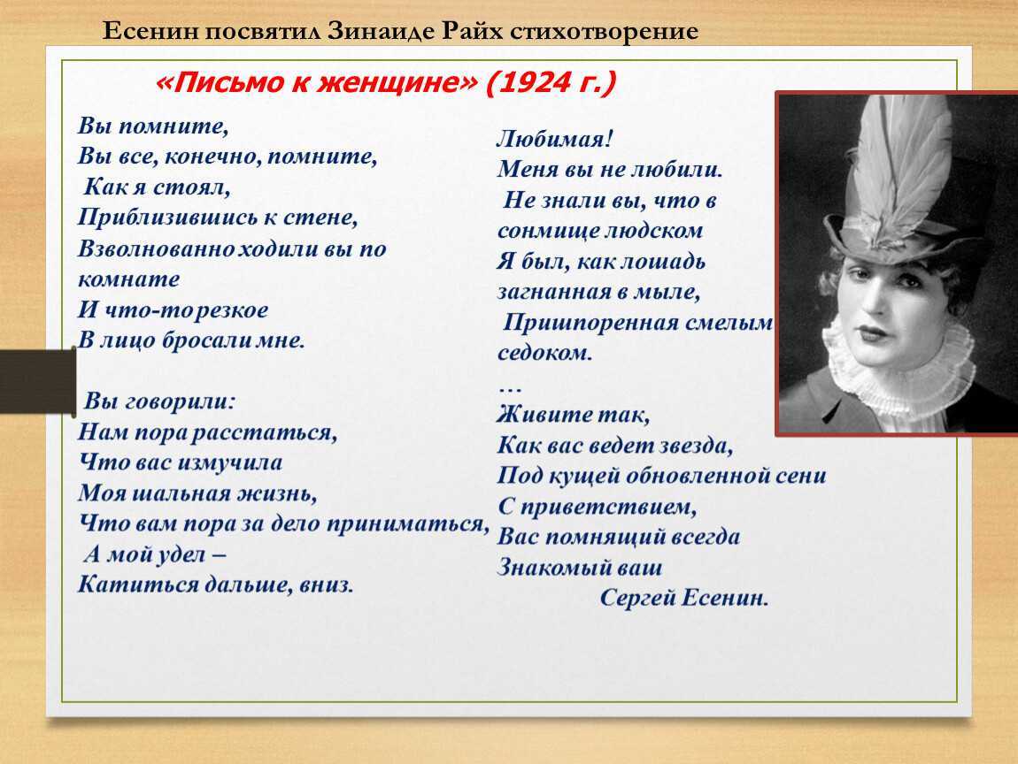 «письмо к женщине» анализ стихотворения есенина по плану кратко – кому посвящено, образы, жанр