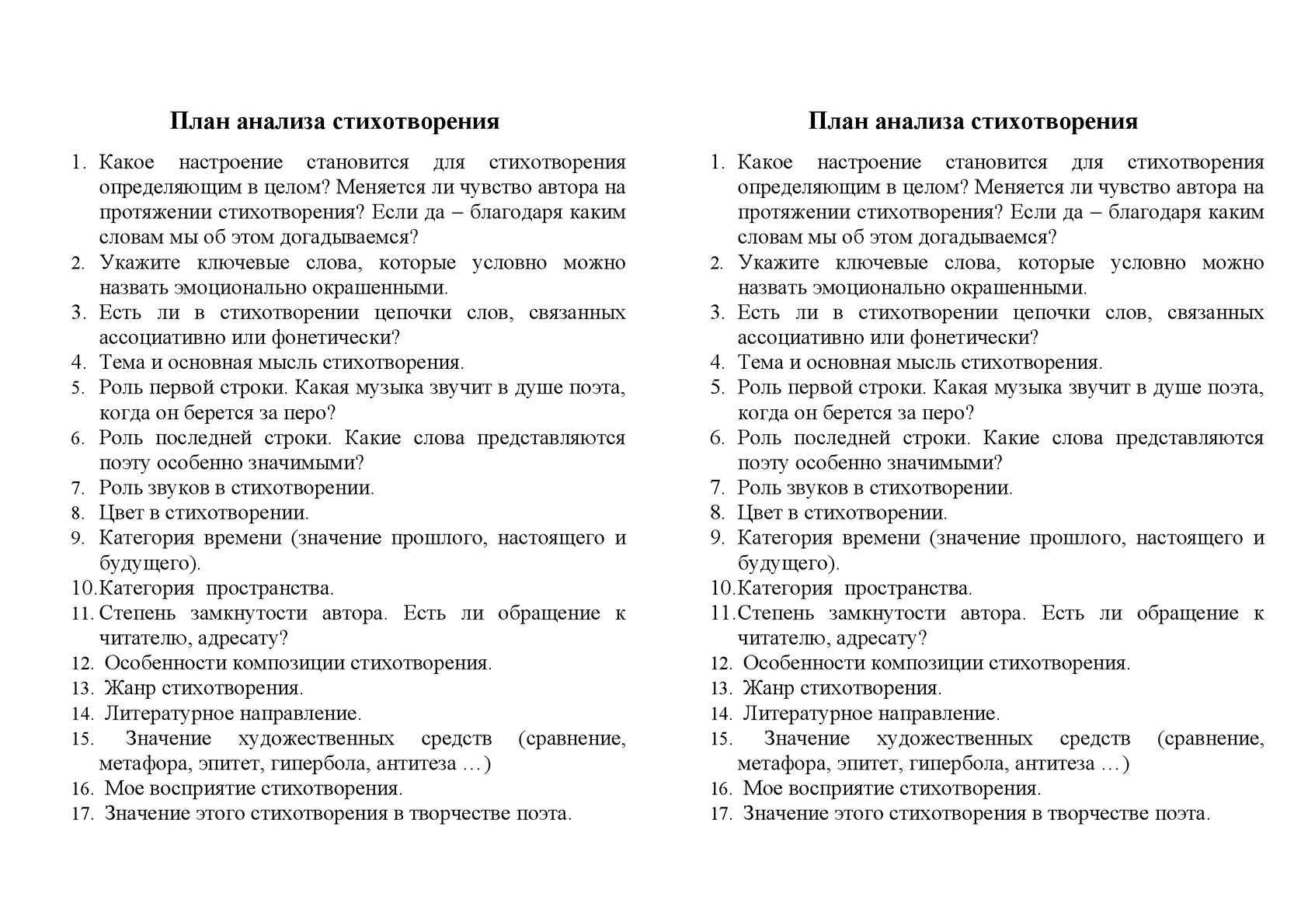 План анализа стихотворения по литературе 5, 6, 7, 8, 9, 10, 11 классы