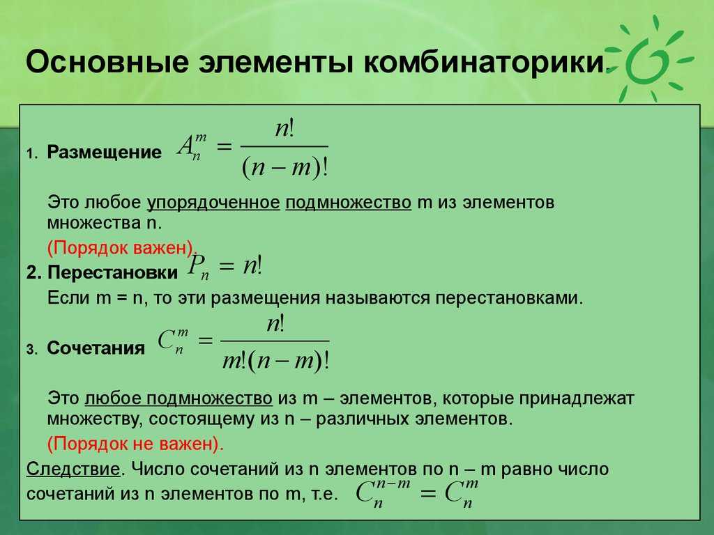 Комбинаторика и ее основные принципы Перестановки Перестановки с повторениями Размещения Сочетания